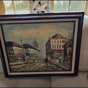 Oil painting on canvas of a‎ Paris Street scene, framed and signed, Burnett